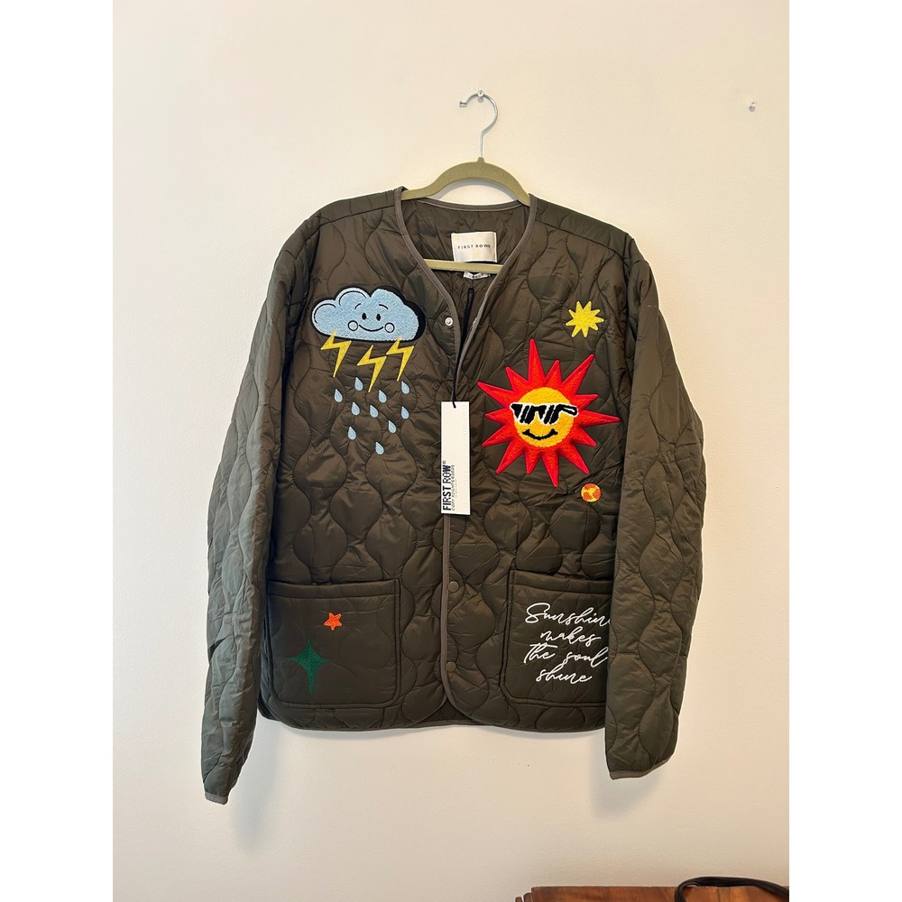 FIRST ROW Quilted Jacket Olive Green Cloud Sun Patches Embroidered Button Up L